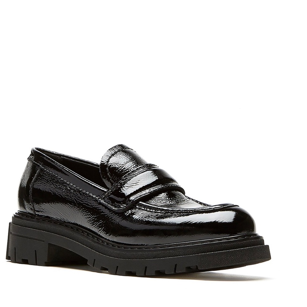 La CANADIENNE Hill Lug-Sole Crinkled Patent Leather Blk Loafers Women’s Size 7.5